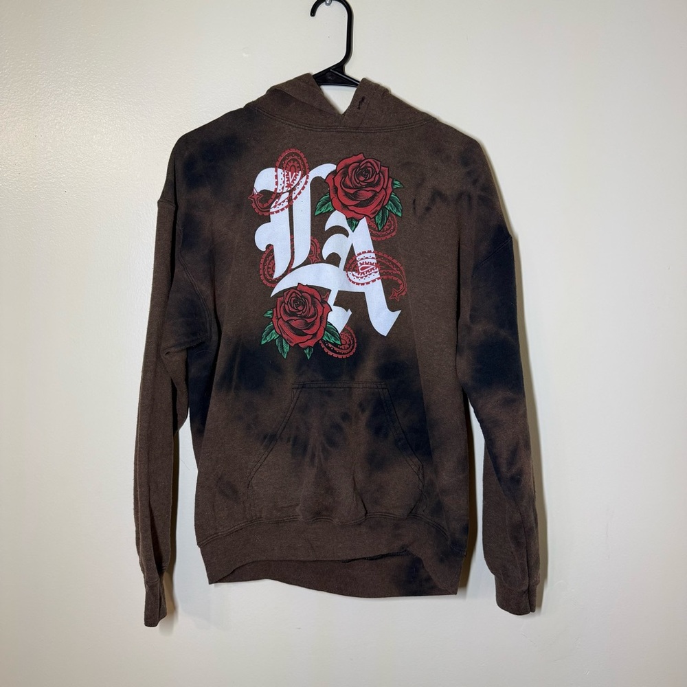 Popular Poison Brown Acid Wash Hoodie with LA Red Rose Design